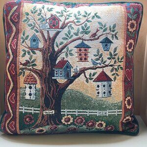 Pretty Vintage Birdhouse Tapestry Accent Pillow 16"